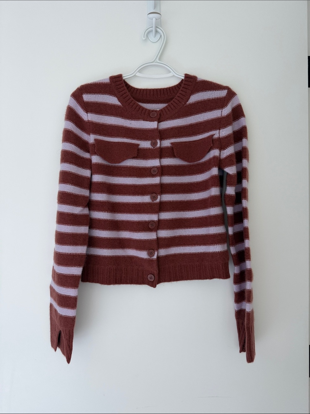Maeve 100% Cashmere Rust and Light Pink Striped Button Cardigan